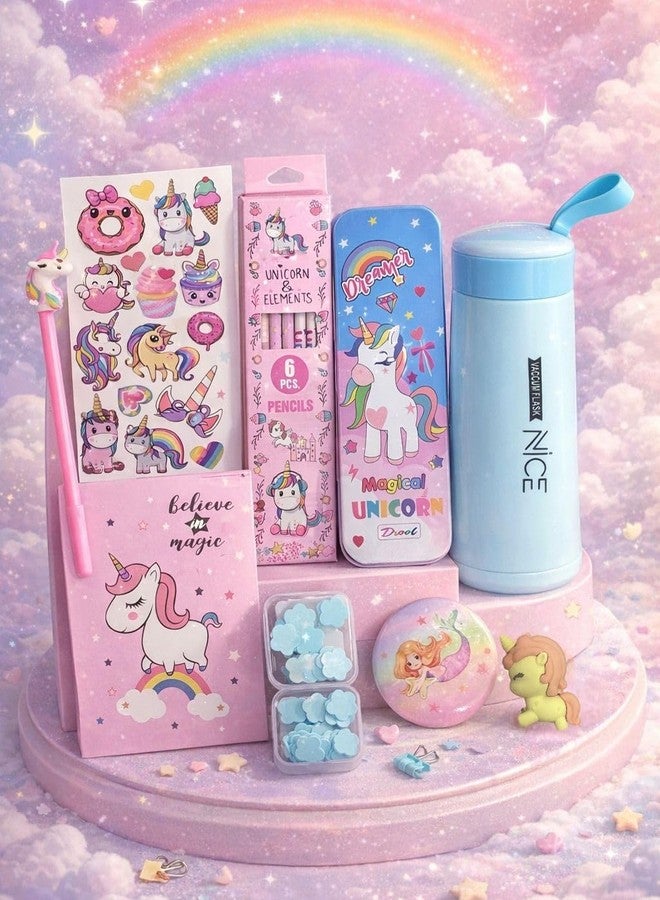 Le Delite Unicorn Gift Combo Set for Girls, 9 Piece Stationery Set with Diary, Stickers, Pen, Pencil Box, Water Bottle, Paper Soap, Badge and Eraser, Age 6-12 Years, Multicolor - Image 3
